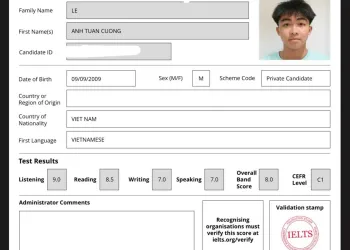 KẾT QUẢ THI IELTS THÁNG 4-2026- BẠN TUẤN CƯỜNG 8.0