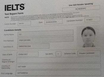 KẾT QUẢ THI IELTS CỦA BẠN LƯ VĨNH GIA HÂN